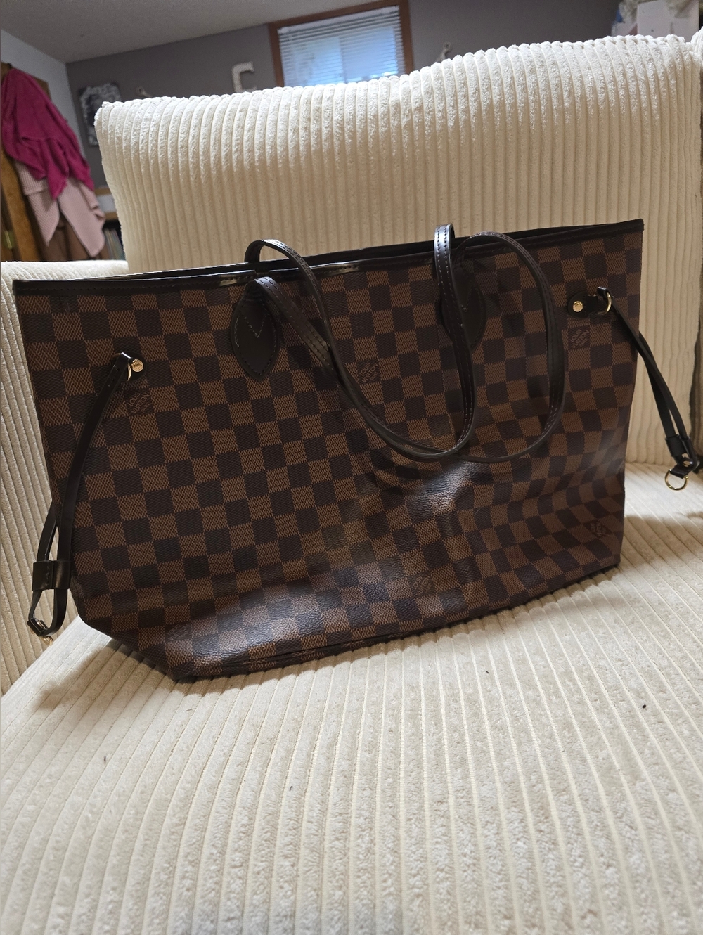 Source Unknown Brown Checkered Tote Bag with Dark Brown Handles - Picture 2 of 10